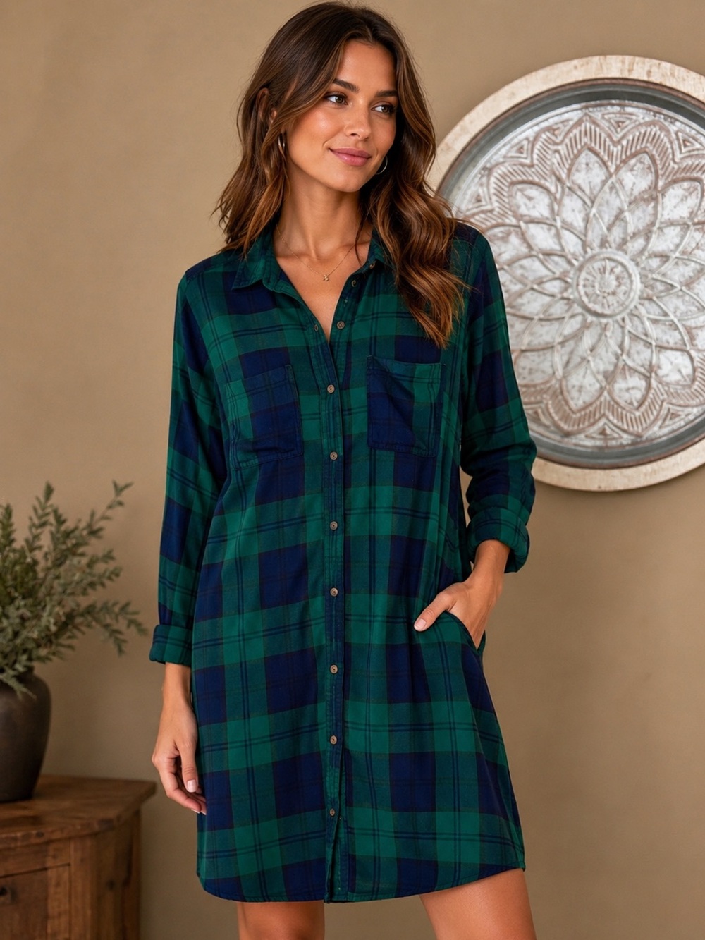 Old Navy Green and Navy Plaid Button-Front Shirt Holiday Dress